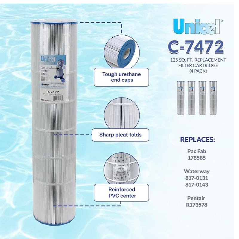 Unicel C-7472 125 Sq Ft 163 Pleat Filter Cartridge for Pentair Pac Fab and Channel Pool Products (4 Pack)