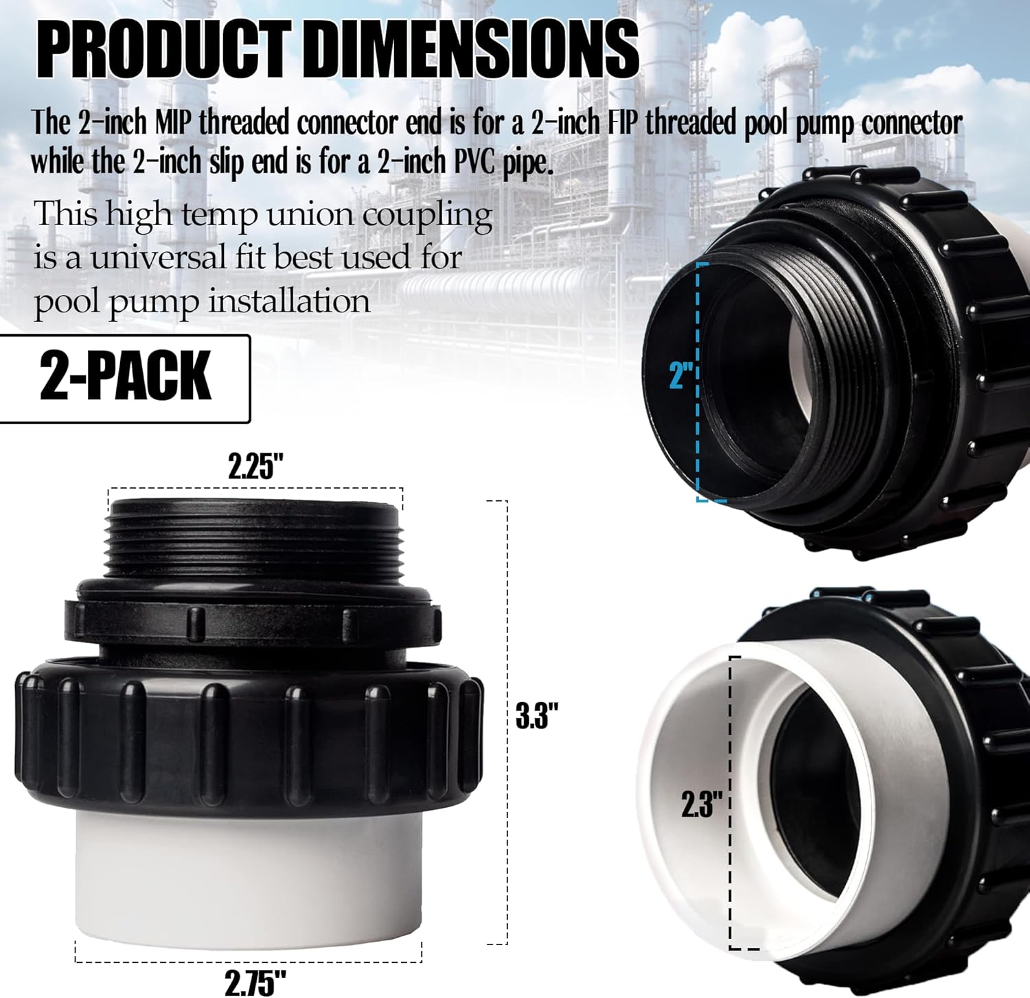 (2-Pack) 2" MIP x 2" PVC Hi-Temp Unions, Compatible with Pentair Whisperflo & Intelliflo Pool Pumps - Hand-Tightened Pool Pump High Temp Unions - Replacement for Schedule 40 Male Adapters